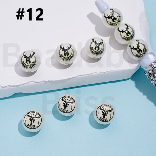 USA America Basketball Teams Milwaukee Buc NB Sports Frosted Matt White Round Acrylic Beads, Random Mix, 16MM