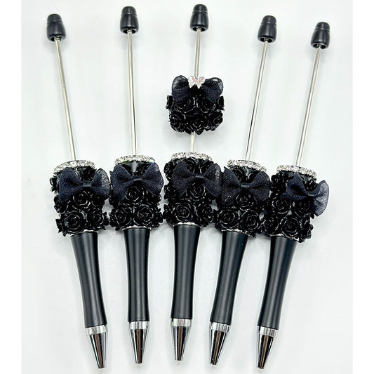 Black Beadable Pens, New Style Black Beadable Pens with Flower Bowtie and Rhinestones
