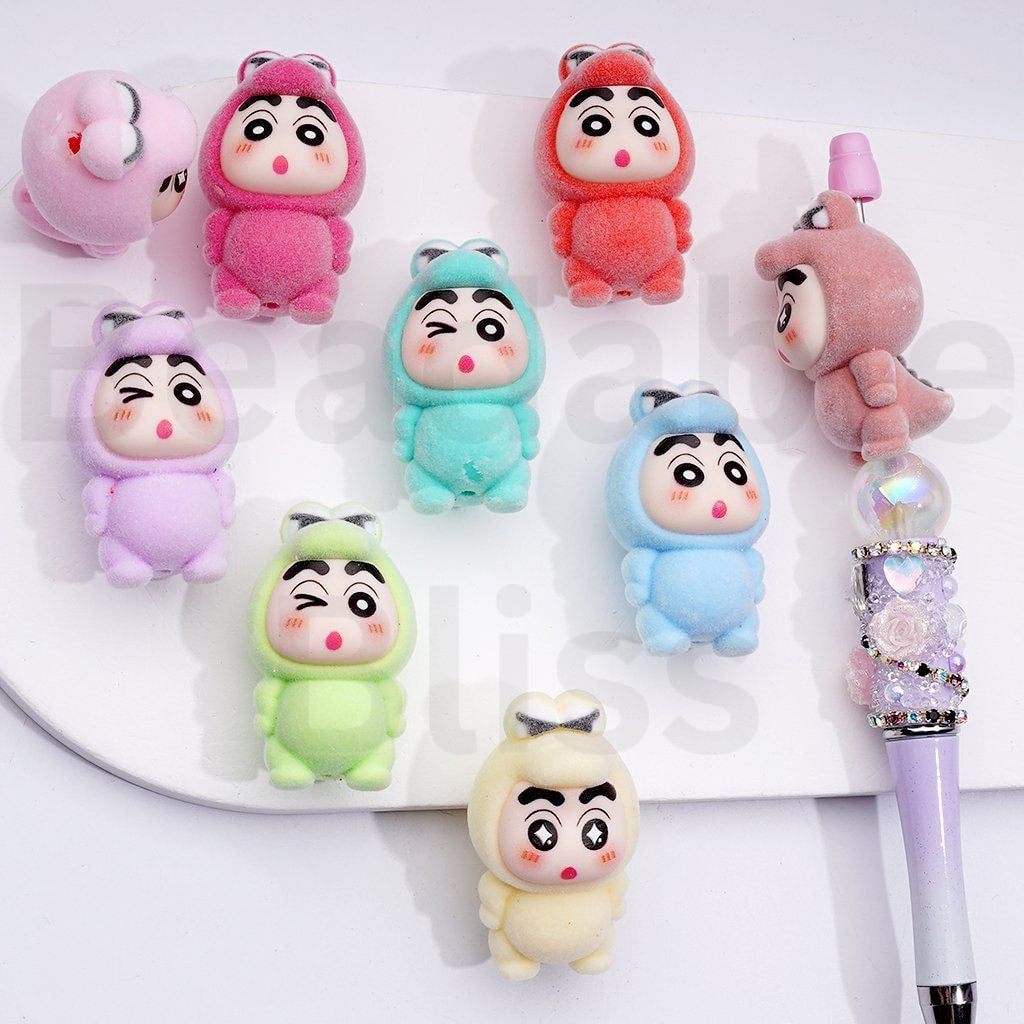 Cute Flocked Fluffy Crayo Shin-cha in Crocodile Costume Acrylic Beads, 23*40MM, Random Mix