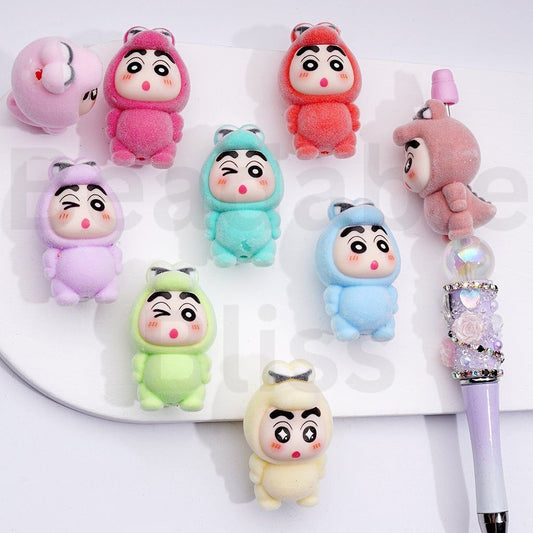 Cute Flocked Fluffy Crayo Shin-cha in Crocodile Costume Acrylic Beads, 23*40MM, Random Mix