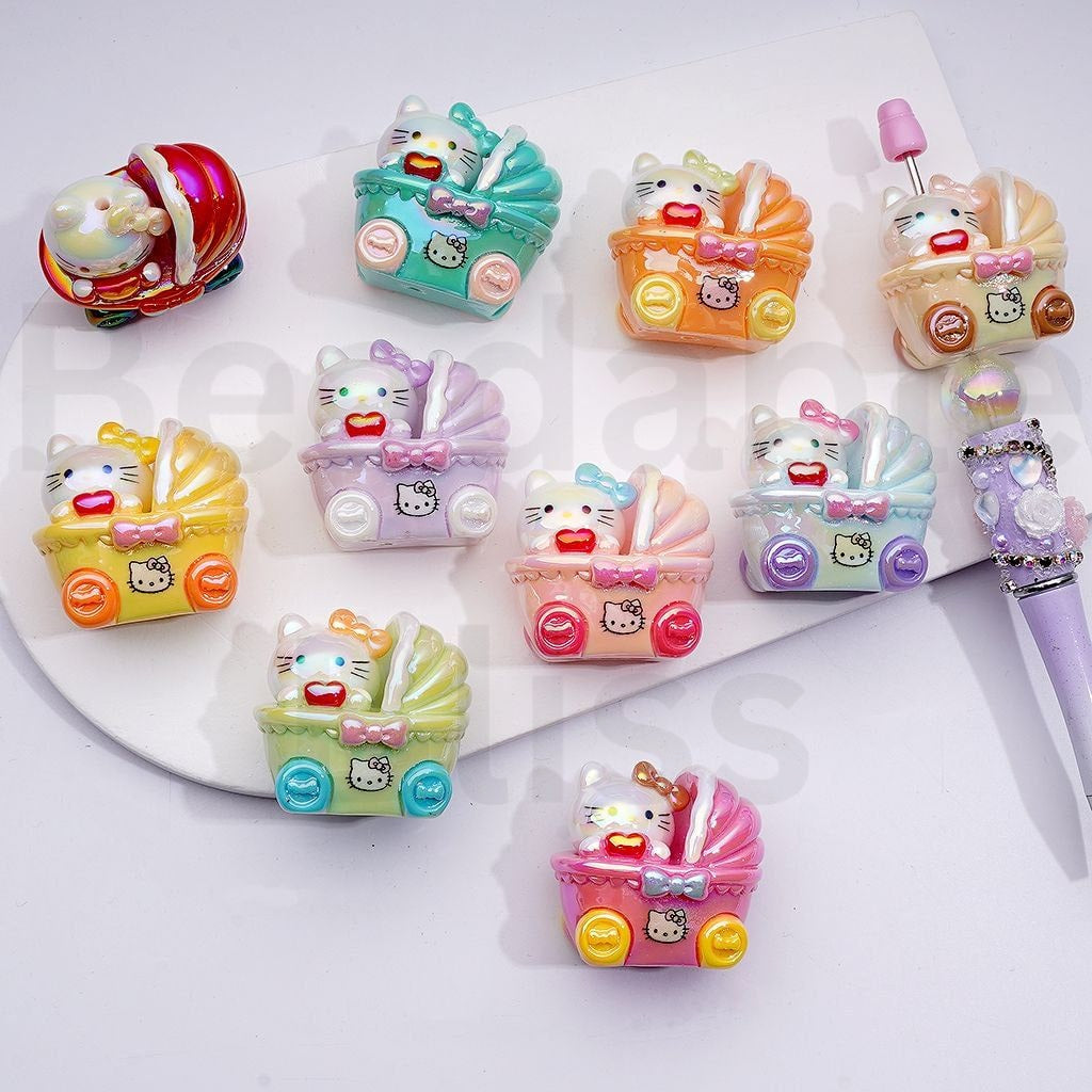 UV Coating Cute HK Kitten in the Baby Stroller Buggy Acrylic Beads, 36*34*20MM, Random Mix