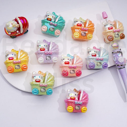UV Coating Cute HK Kitten in the Baby Stroller Buggy Acrylic Beads, 36*34*20MM, Random Mix