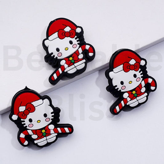 Cute HK Kitten with Red Christmas Hat Bowknot Candy Stick Silicone Focal Beads