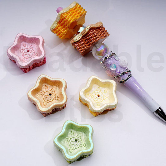 UV Coating Cute Kurom Prints Star Shape Basket Acrylic Beads, 36*36*30MM, Random Mix
