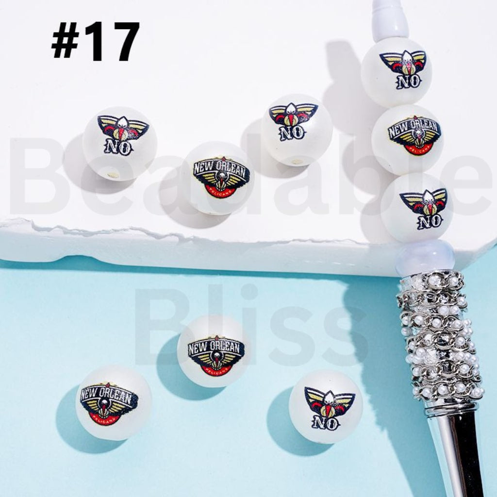 USA America Basketball Teams New Orleans Pelica NB Sports Frosted Matt White Round Acrylic Beads, Random Mix, 16MM