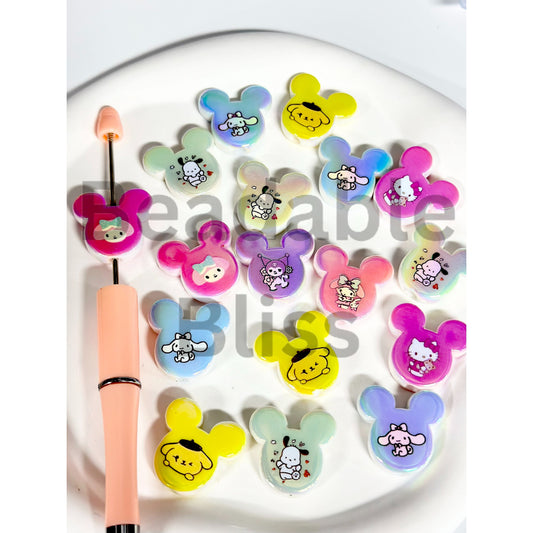 ミッキーマウスの頭の形をしたアクリルビーズ、サンリの漫画プリント入り、ランダムミックス、25MM×24MM