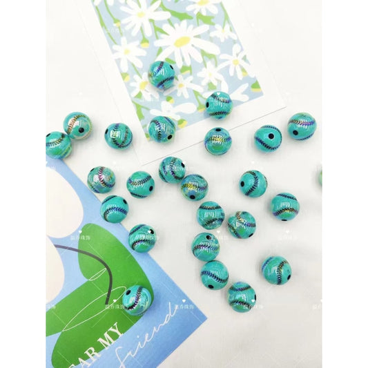 UV Coating Teal Baseball Round Acrylic Beads, 16MM