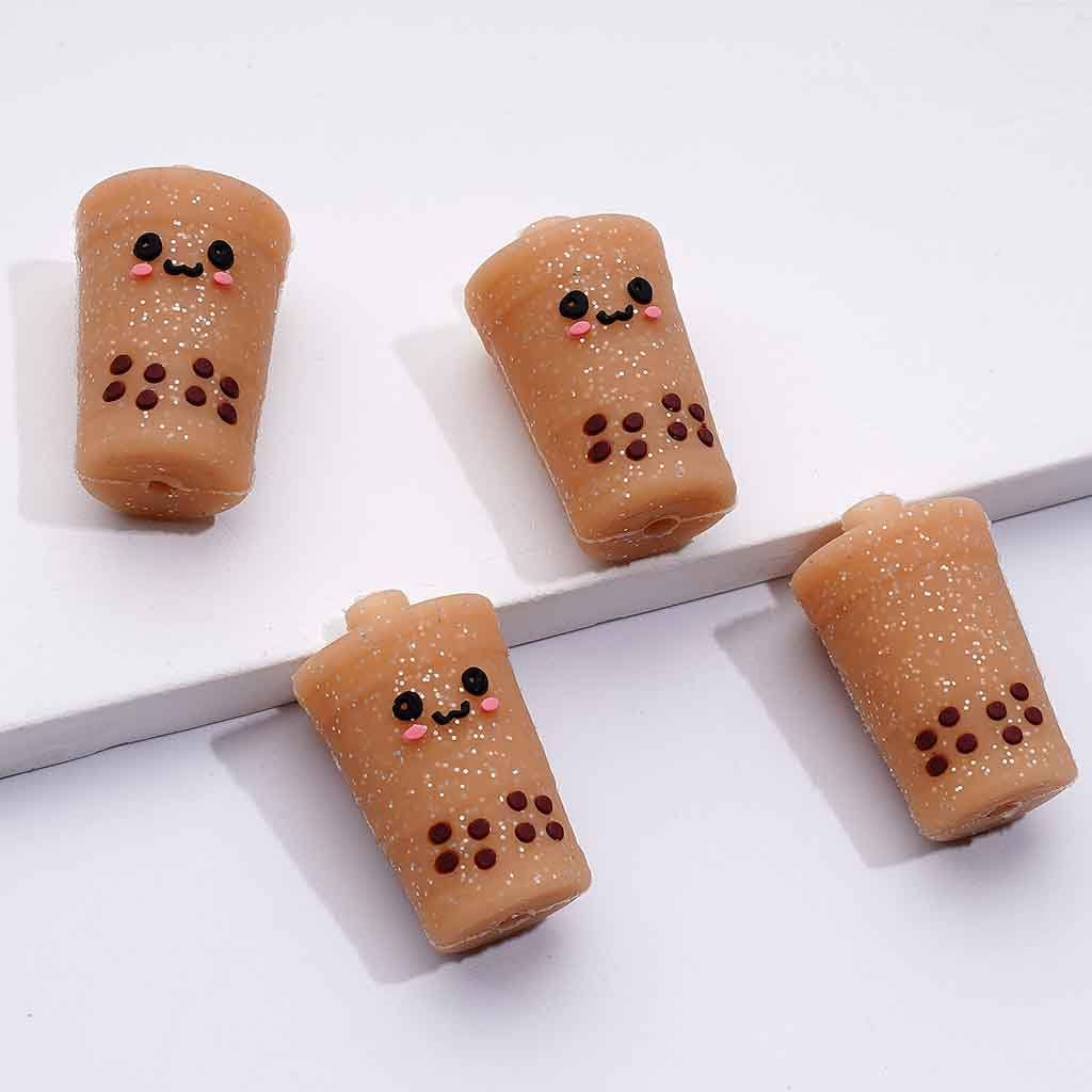 3D Cute Smile Face Glitter Bubble Pearl Milk Tea Bottle Cup Silicone Focal Beads