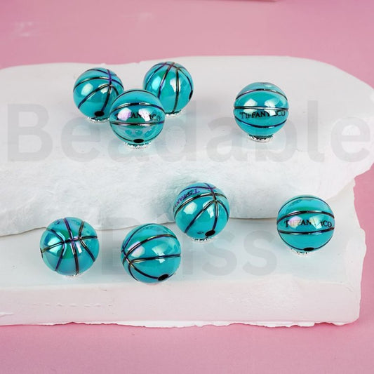 UV Coating Teal Basketball Tiffan Round Acrylic Beads, 16MM
