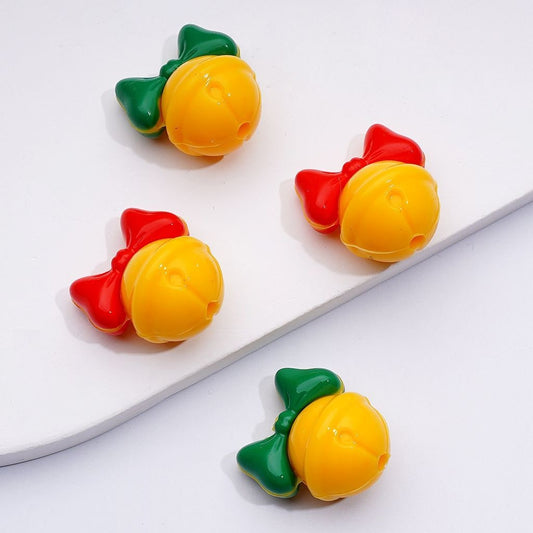 3D Cute Yellow Bell with Red Green Bowknot Silicone Focal Beads