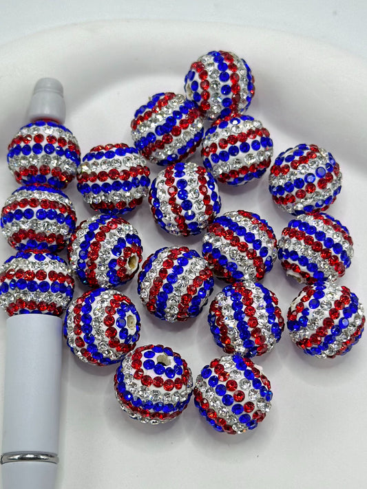 White Round Clay Beads with American Flag Colors Rhinestones, 16mm, Random Mix