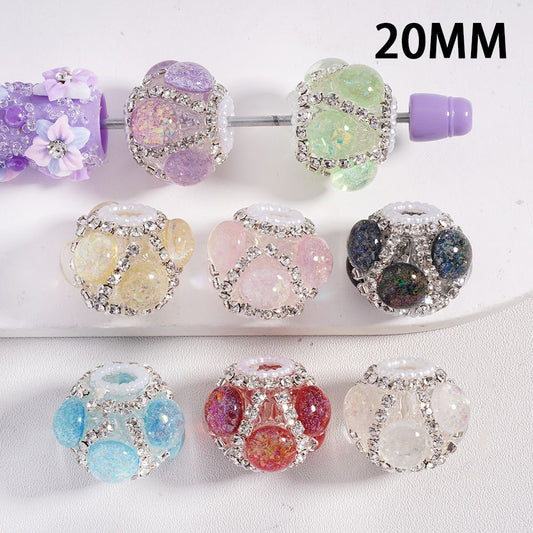 Acrylic Beads  Round Pearls Shiny Flakes Inside Clear Rhinestones Chains White Pearls Loop, 20MM, Random Mix