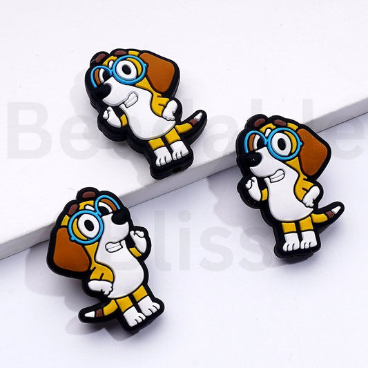 Cute Puppy Beagle Dog with Glasses Hone Blue Silicone Focal Beads