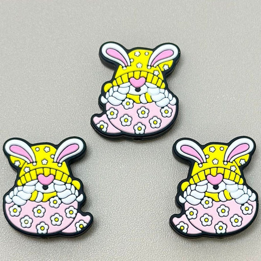 Little Cute Bunny Rabbit in a Yellow Hat Sits in a Broken Flower Prints Egg Easter Silicone Focal Beads