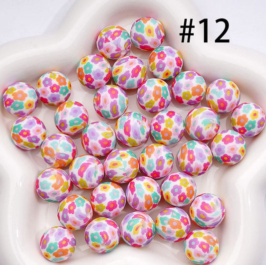 Printed Silicone Round Beads with Multi-Color Flower, White 15MM