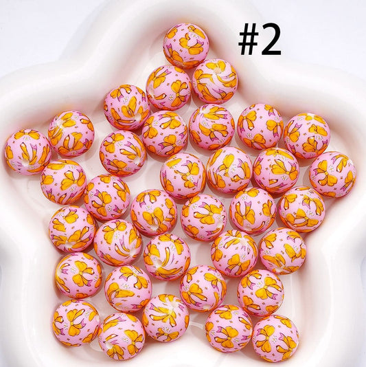 Printed Silicone Round Beads with Yellow Pencil Bowknot Flower Teacher, Pink 15MM