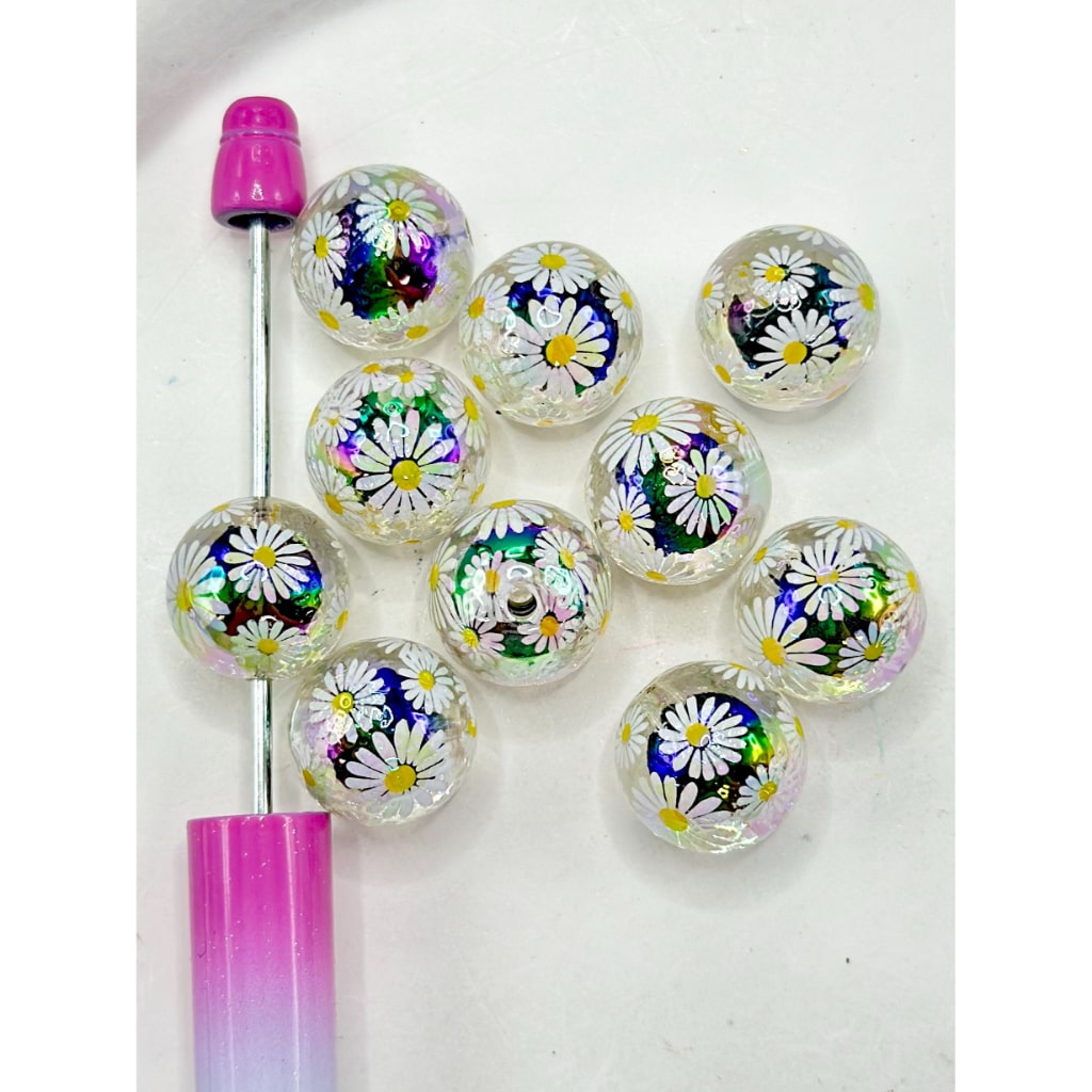 ファンシーな小さなデイジープリントの透明ラウンドアクリルビーズ（内側に小さなビーズ入り）、16MM