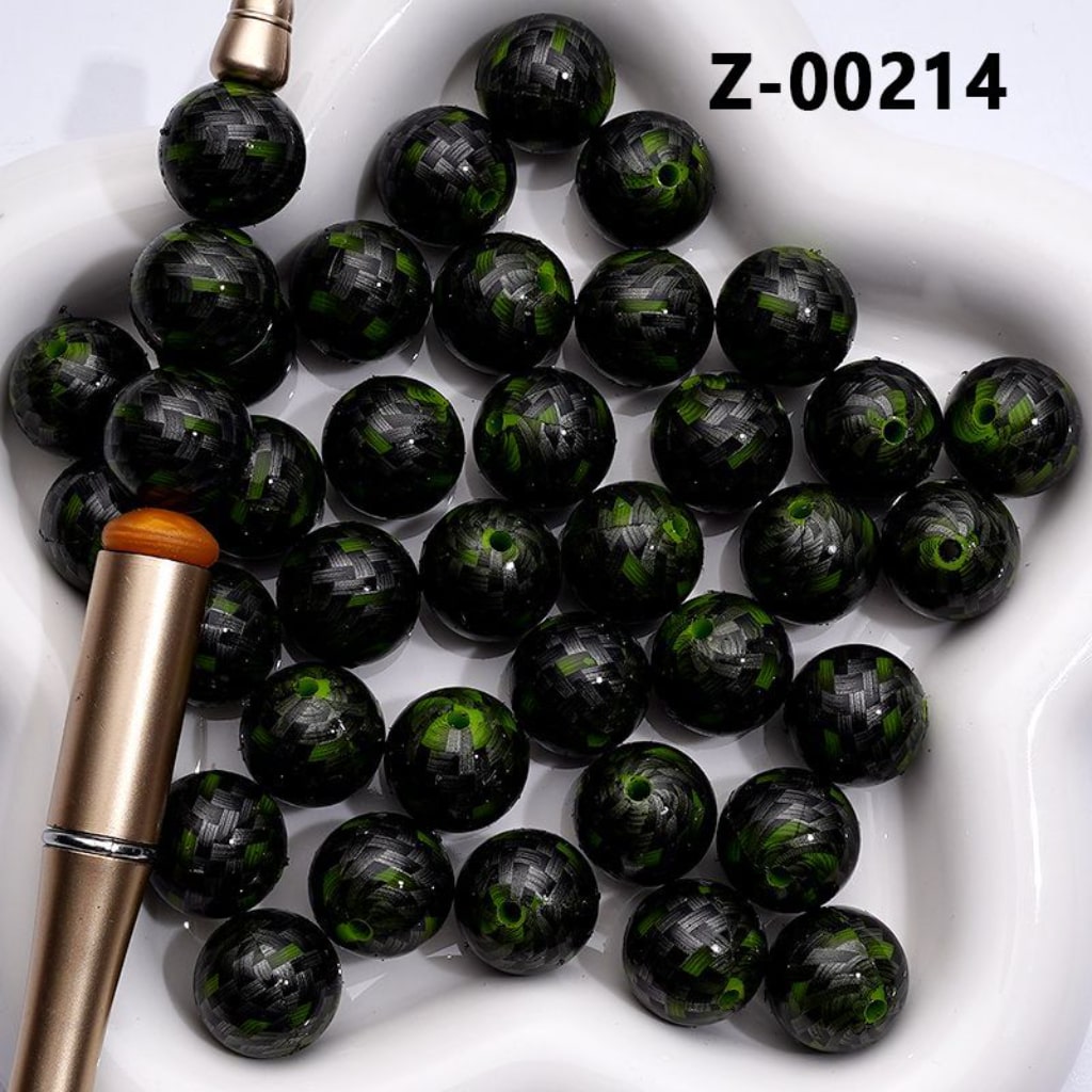 Green Black Striped Checked Printed Silicone Beads 15MM, Number Z-00214