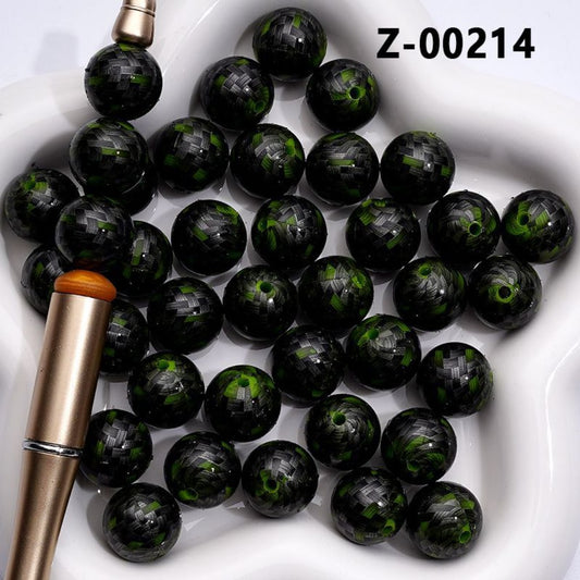 Green Black Striped Checked Printed Silicone Beads 15MM, Number Z-00214