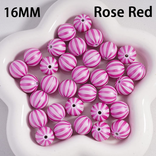 Pink and white striped beads on a white dish with '16MM' and 'Rose Red' text.

