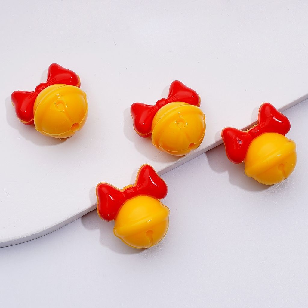 3D Cute Yellow Bell with Red Green Bowknot Silicone Focal Beads