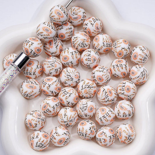 Love Cute Sun Flowers White Printed Silicone Beads 15MM, Number Z-00225