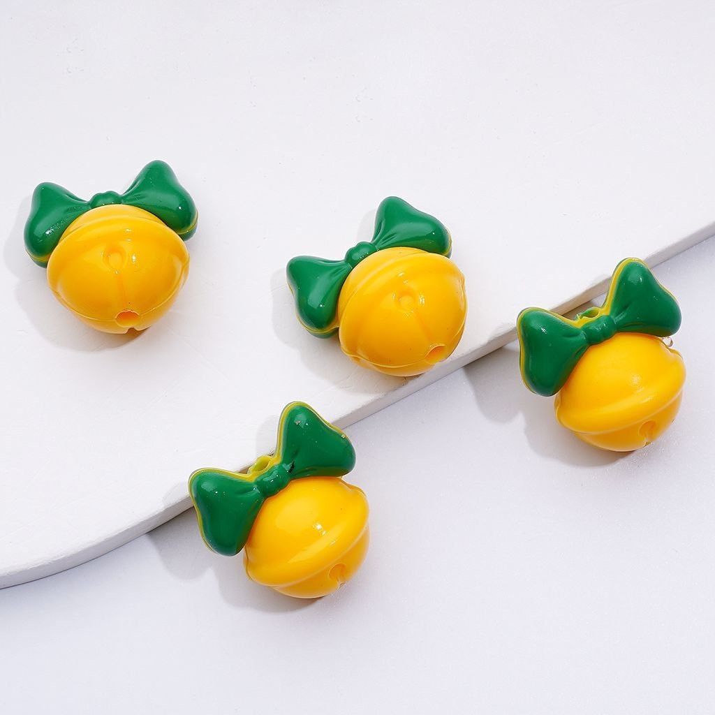 3D Cute Yellow Bell with Red Green Bowknot Silicone Focal Beads