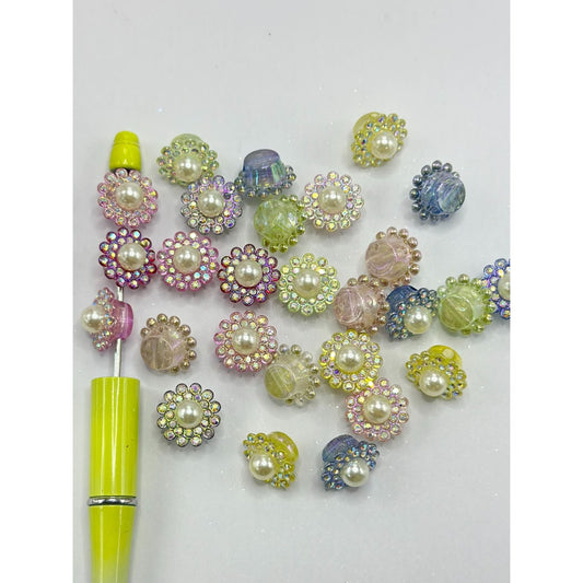 Translucent Glittery Flower Pot Large White Pearl Inside Shiny Rhinestones Acrylic Beads, Random Mix, 16*12MM, Sale for 200pcs (whole bag)