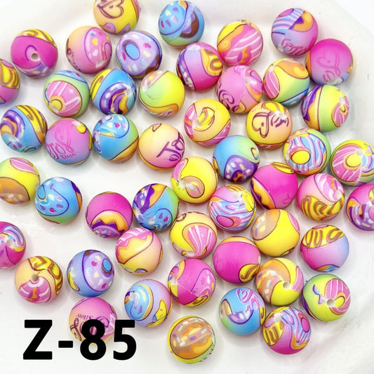 Love Heart Colorful Abstract Design Round Printed Silicone Beads 15mm, Number Z-85