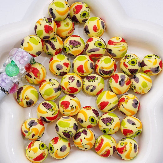 Vivid Yummy Fruits Light Yellow Printed Silicone Beads 15MM, Number Z-00223