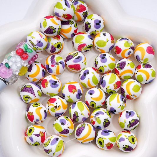 Cute Vivid Fruits White Printed Silicone Beads 15MM, Number Z-00224