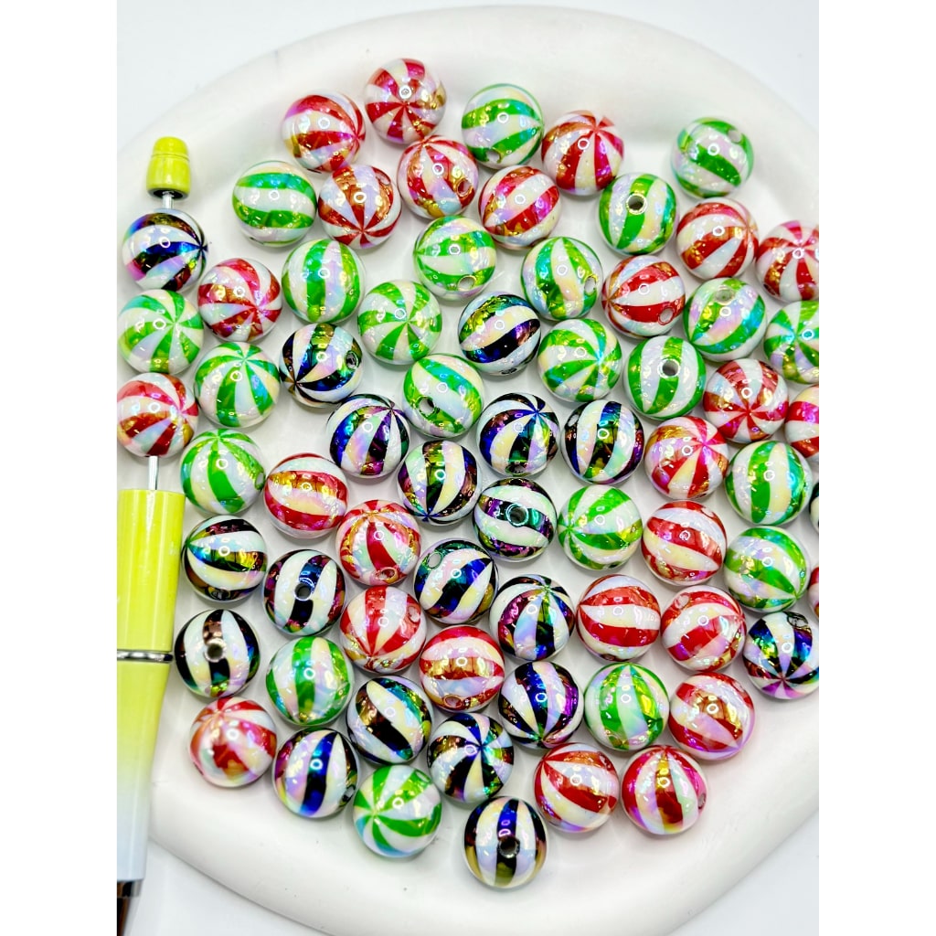 UV Coating Round Acrylic Beads with Black Red Green Crooked Stripes, 16MM