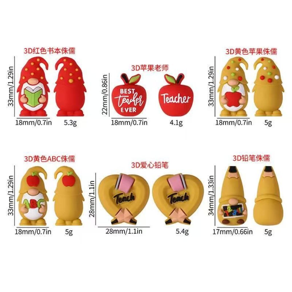 3D Red Yellow Gnomes Books Red Apples Teachers ABC 123 Pencils Hearts School Silicone Focal Beads