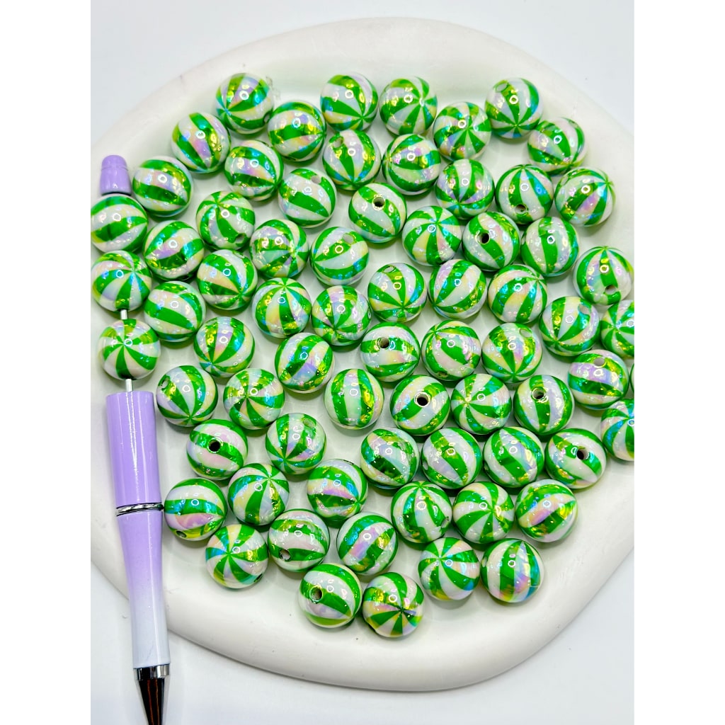 UV Coating Round Acrylic Beads with Black Red Green Crooked Stripes, 16MM