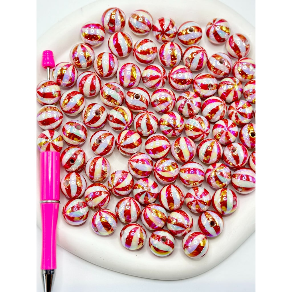 UV Coating Round Acrylic Beads with Black Red Green Crooked Stripes, 16MM