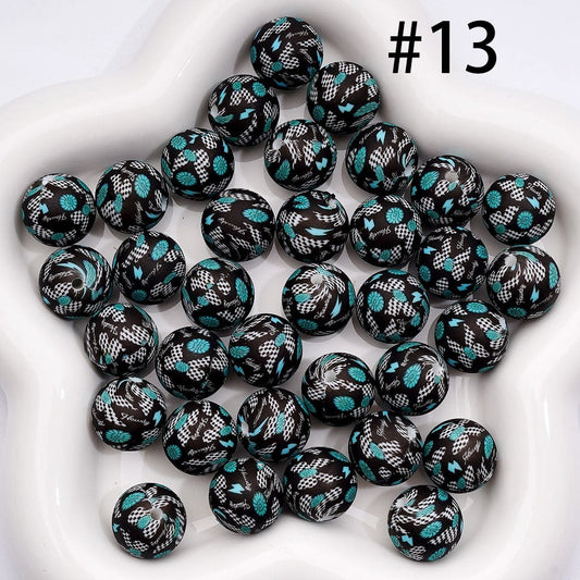 Printed Silicone Round Beads with Black White Grid Bowknot Teal Flower, Black 15MM