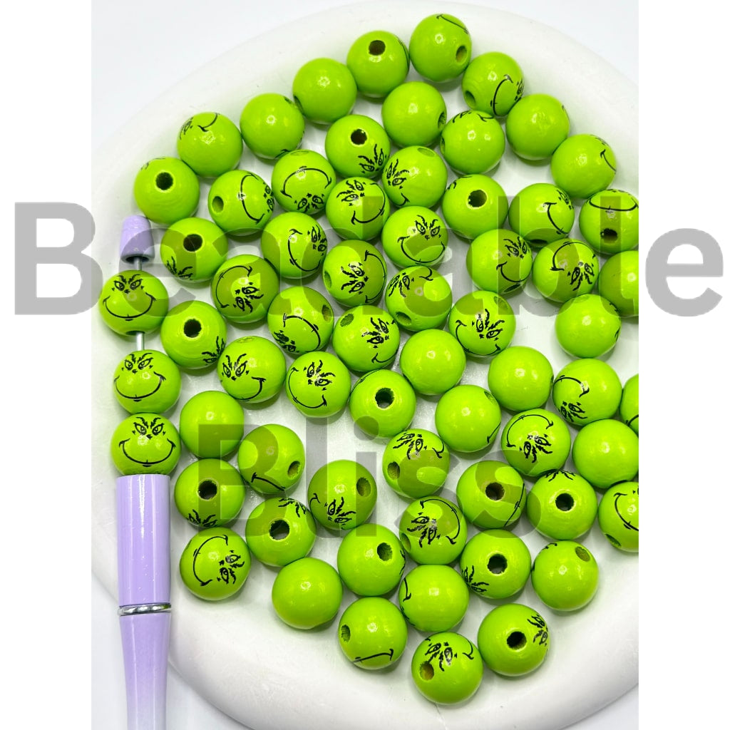 Green Monster Grinc Christmas Round Wood Beads, 16MM