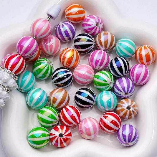 UV Coating Colorful Watermelon Stripes Round Acrylic Beads, 16MM, Random Mix