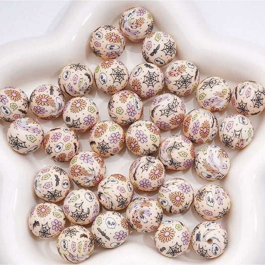 Colorful Flower Spider Web Ghost Skeleton Bat Halloween Printed Silicone Beads 15MM, Number Z-00274