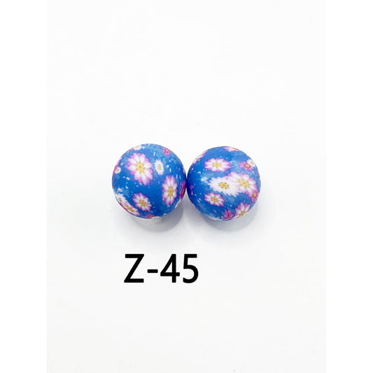 小さな白とピンクの花柄の青い丸型プリントシリコンビーズ 15mm、番号 Z-45