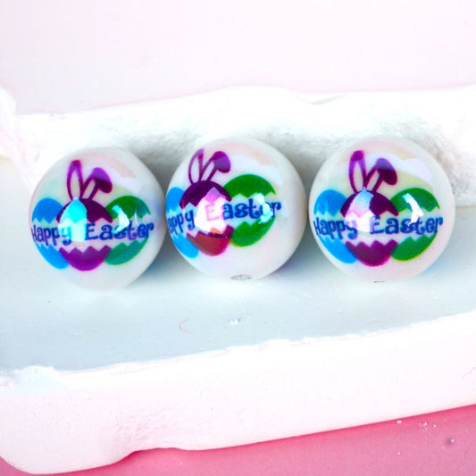 Large UV Finish Happy Easter Colorful Eggs Bunny White Round Acrylic Beads, 20MM