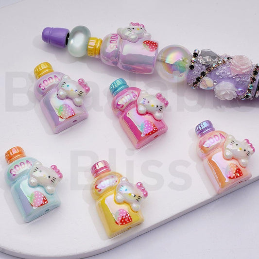 UV Coating Cute HK Kitten Strawberry Soda Water Bottle Acrylic Beads, Around 20*23MM, Random Mix
