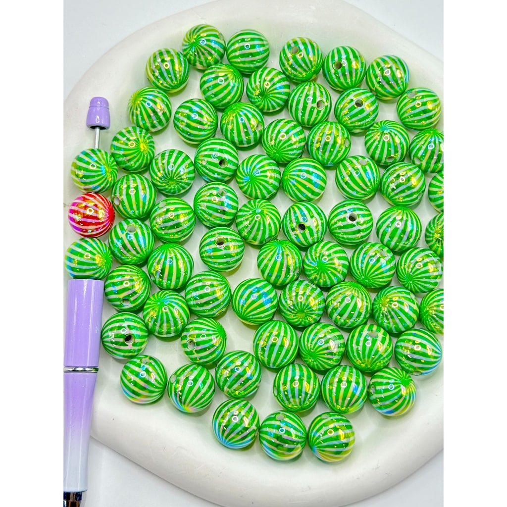 UV Coating Round Acrylic Beads with Red Green Crooked Stripes, 16MM