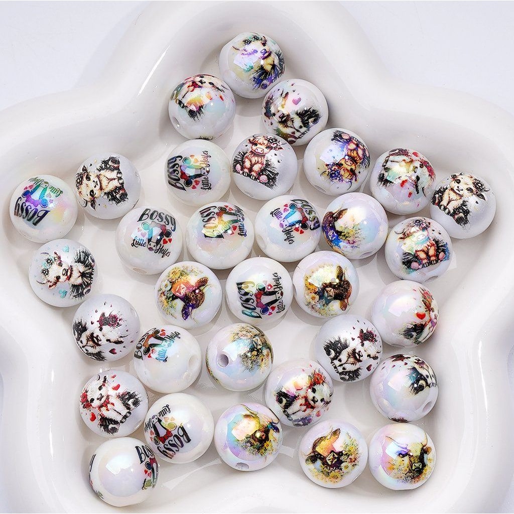 UV Coating Cute Cows Round Acrylic Beads, 16MM, Random Mix