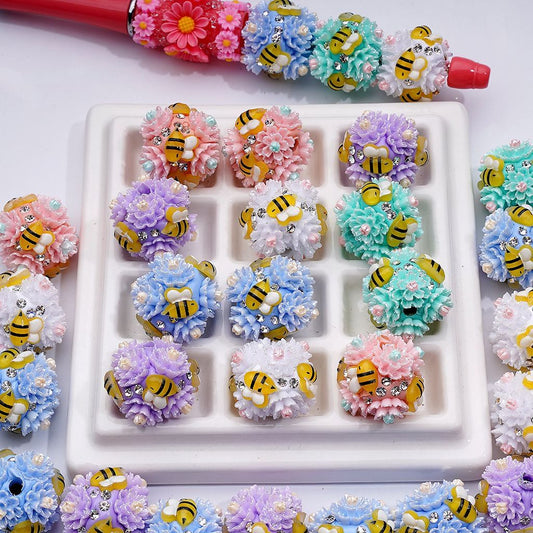 Mini Cute Bee Flowers Clear Rhinestones Round Clay Beads, Around 23MM, Random Mix