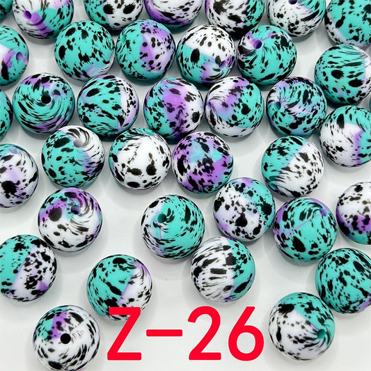 Half White Half Teal with Black Spots Round Printed Silicone Beads 15mm, Number Z-26