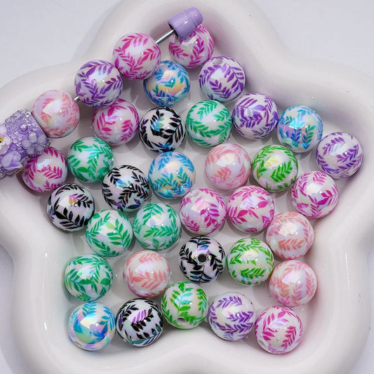 UV Coating Multi-Color Willow leaves White Round Acrylic Beads, 16MM, Random Mix