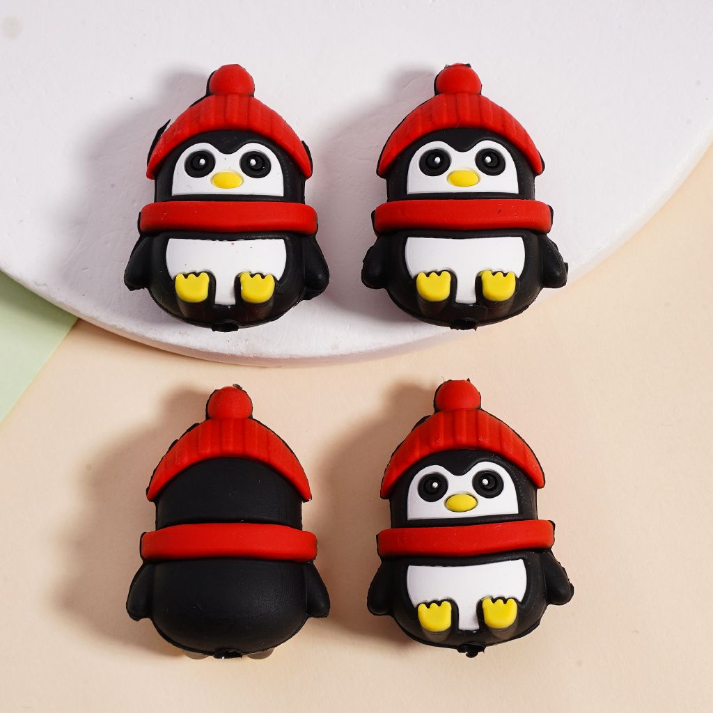 Silicone Focal Beads 3D Cute Penguin with Red Christmas Hat Scarf