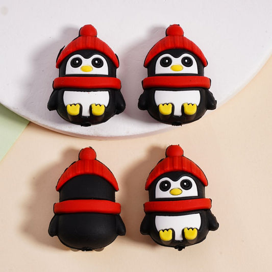 Silicone Focal Beads 3D Cute Penguin with Red Christmas Hat Scarf