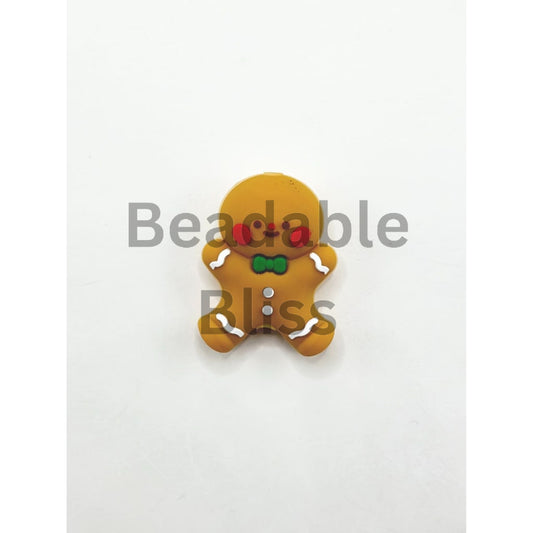 Happy Gingerbread Man with Green Bowtie 3D Silicone Focal Beads